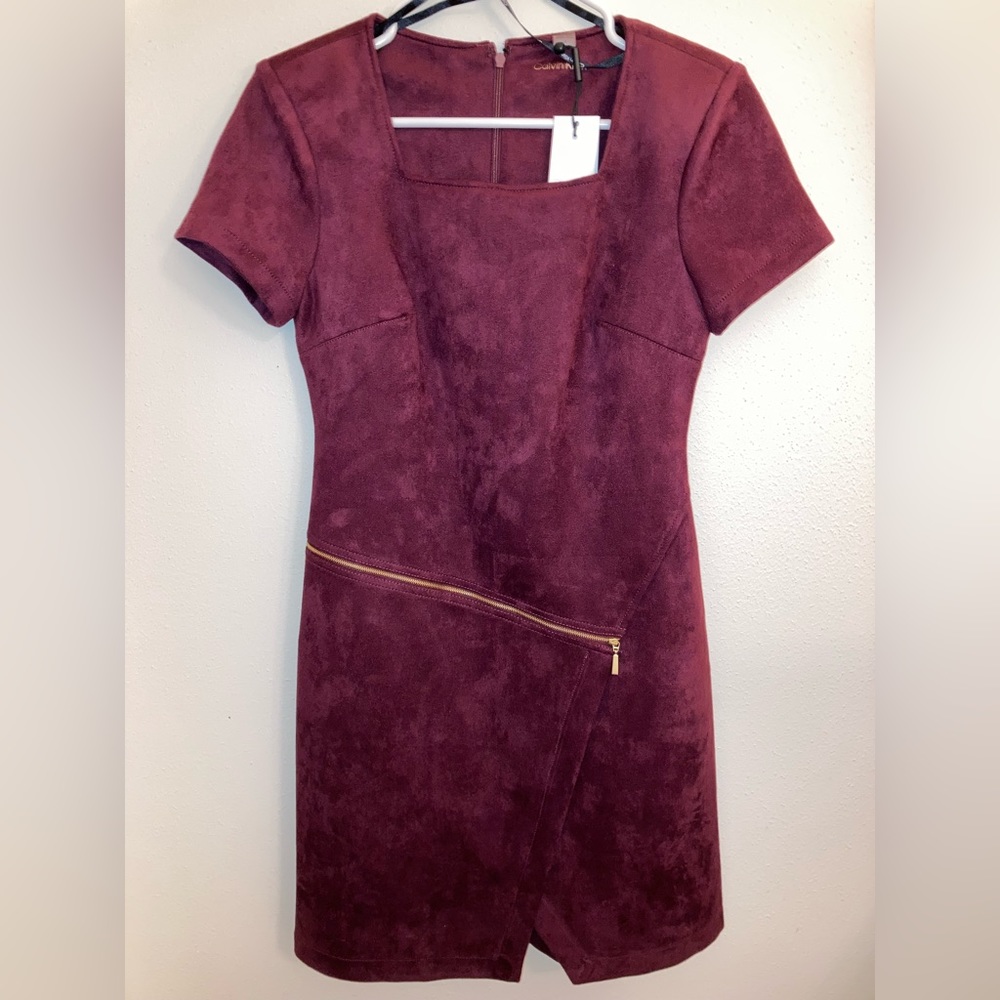 Calvin Klein Faux Suede Square Neck Asymmetrical Zip Short Sleeve Sheath Dress - Picture 15 of 15